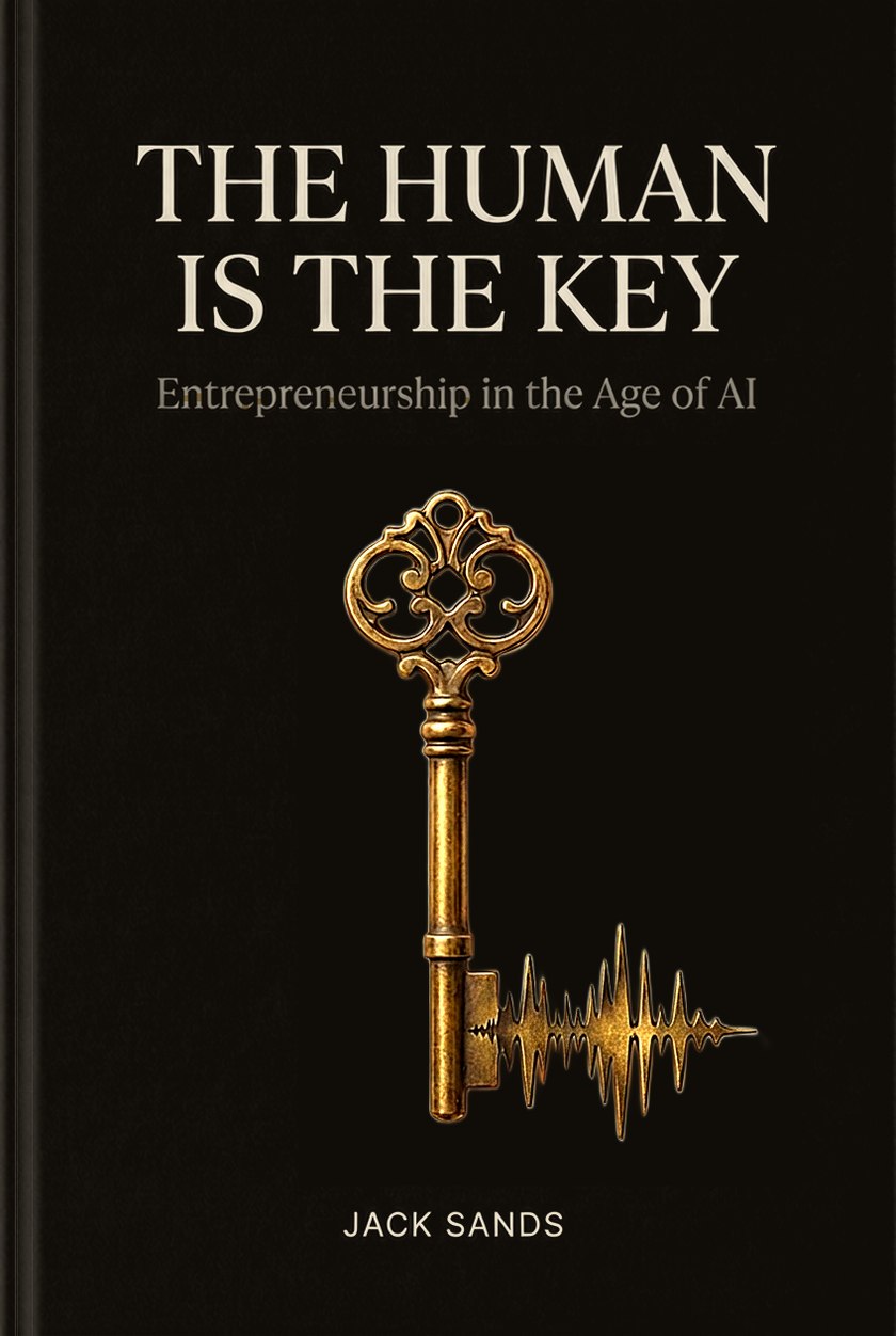 The working cover of The Human Is the Key: Entrepreneurship in the Age of AI, by Jack Sands. An old brass key on a dark background, its teeth shaped like a sound wave.