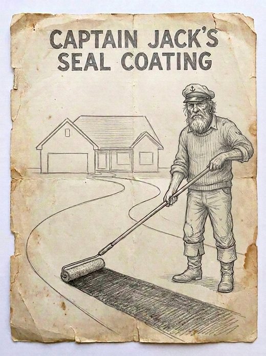 An AI recreation of a worn, hand-drawn flyer headed CAPTAIN JACK&rsquo;S SEAL COATING: a bearded man in a captain&rsquo;s hat rolls sealer down a driveway in front of a house.